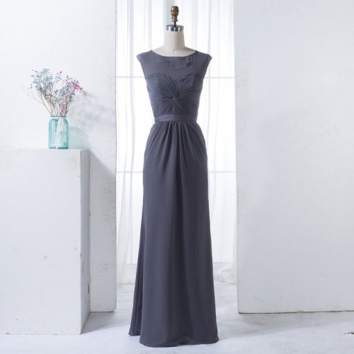 Sheath Round Neck Open Back Dark Grey Bridesmaid Dress with Pleats