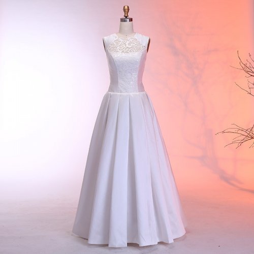 A-Line Round Neck Floor-Length Satin Wedding Dress with Lace