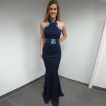 Mermaid Jewel Sleeveless Floor-Length Navy Blue Prom Dress with Sash