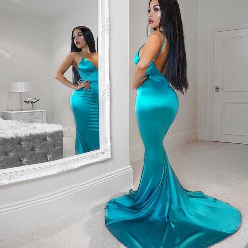 Mermaid Spaghetti Straps Backless Sweep Train Turquoise Prom Dress