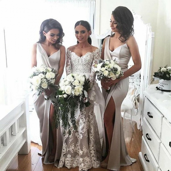 Sheath V-Neck Floor-Length Silver Satin Bridesmaid Dress with Split - Click Image to Close