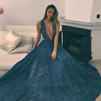 A-Line Deep V-Neck Sweep Train Turquoise Lace Prom Dress