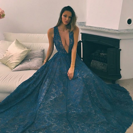 A-Line Deep V-Neck Sweep Train Turquoise Lace Prom Dress - Click Image to Close