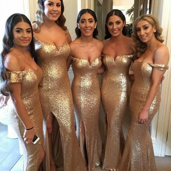 Mermaid Off-the-Shoulder Floor-Length Gold Sequined Bridesmaid Dress - Click Image to Close