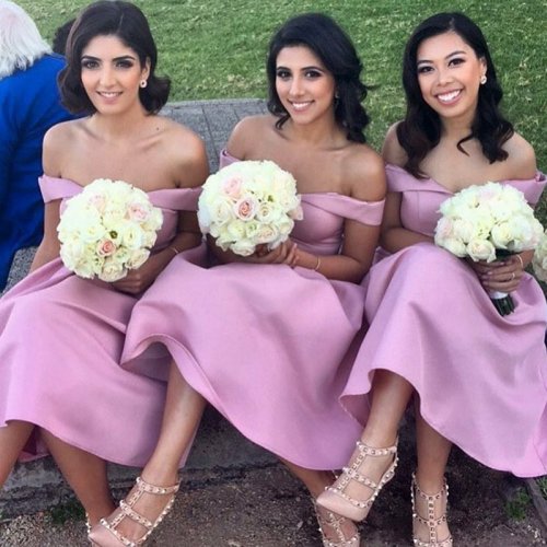 A-Line Off-the-Shoulder Knee-Length Pink Bridesmaid Dress