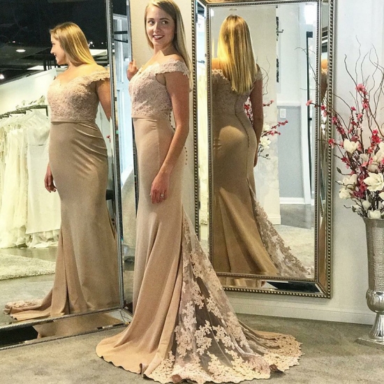 Mermaid Off-the-Shoulder Long Light Champagne Prom Dress with Appliques - Click Image to Close