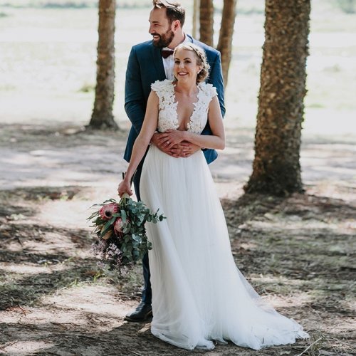 A-Line Jewel Sweep Train White Tulle Wedding Dress with Appliques