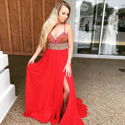A-Line Spaghetti Straps Sweep Train Red Prom Dress with Beading