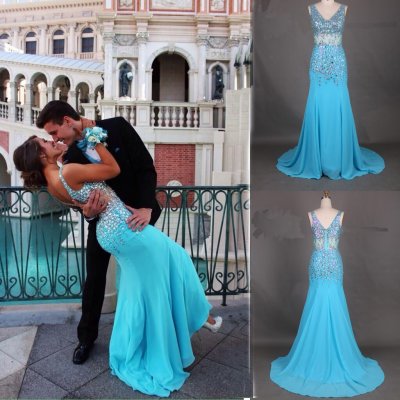 Elegant A-Line V-neck Sweep Train Sleevesless Chiffon Blue Prom Dress With Beading