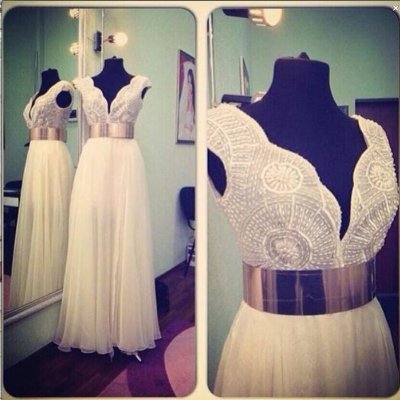 Dramatic A-Line Floor Length Chiffon V-neck White Prom Dress With Appliques