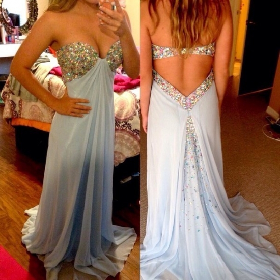 A-Line Sweetheart Backless Sweep Train Blue Chiffon Prom Dress With Beading - Click Image to Close