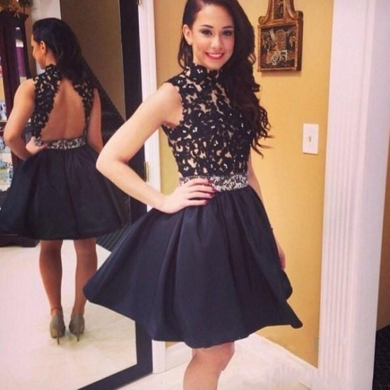 Beautiful Sheath High Neck Hollow Black Homecoming/Cocktail/Prom Dress With Appliques - Click Image to Close