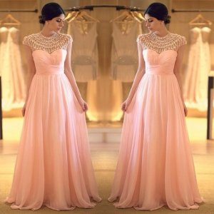 Unique A-Line Jewel Floor Length Cap Sleeves Chiffon Pink Prom Dress With Beading