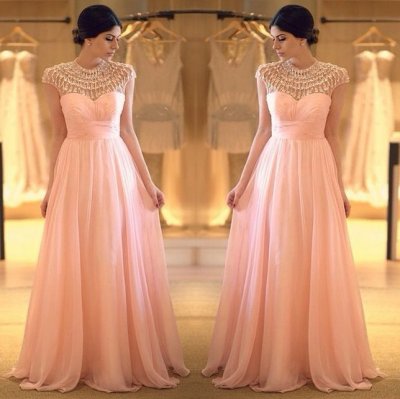 Unique A-Line Jewel Floor Length Cap Sleeves Chiffon Pink Prom Dress With Beading