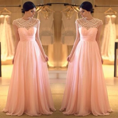 Unique A-Line Jewel Floor Length Cap Sleeves Chiffon Pink Prom Dress With Beading