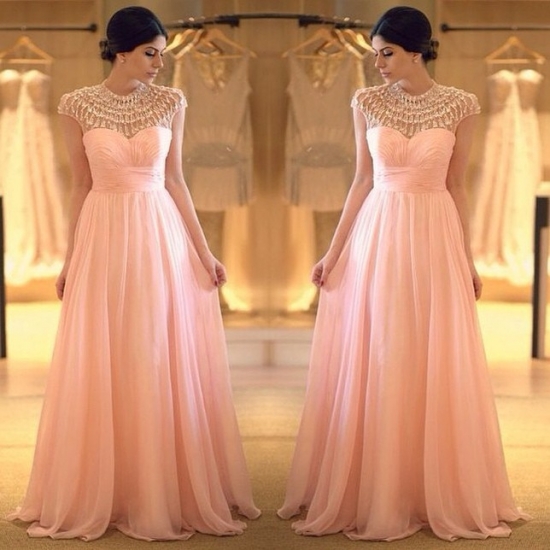Unique A-Line Jewel Floor Length Cap Sleeves Chiffon Pink Prom Dress With Beading - Click Image to Close