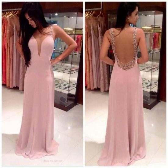 Simple A-Line V neck Floor Length Backless Pink Prom Dress With Lace - Click Image to Close