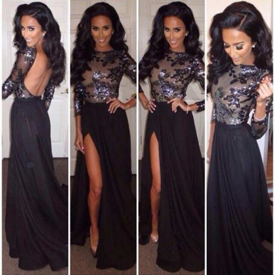 A-Line Scoop Chiffon Backless Long Sleeves Black Prom Dress With Appliques - Click Image to Close