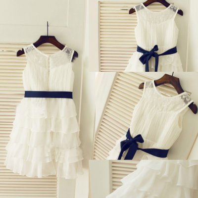 Pretty Scoop Lace Organza Princess White Ruffles Flower Girl Dress with Sash
