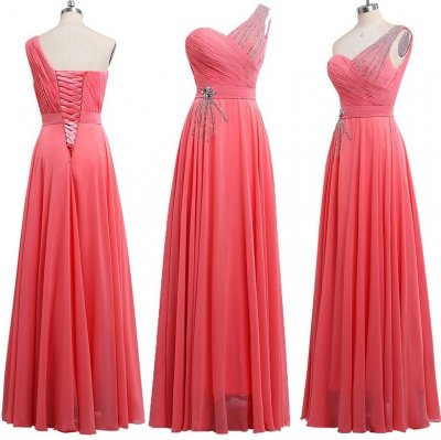 Floor Length Chiffon Prom Dress - Coral A-Line One Shoulder with Beading