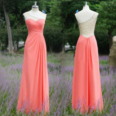 New Arrival Long Prom Dress - Pink One Shoulder with Beading