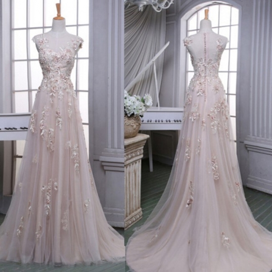 Elegant Prom Dress -Champagne A-Line V-Neck Dress with Flowers - Click Image to Close