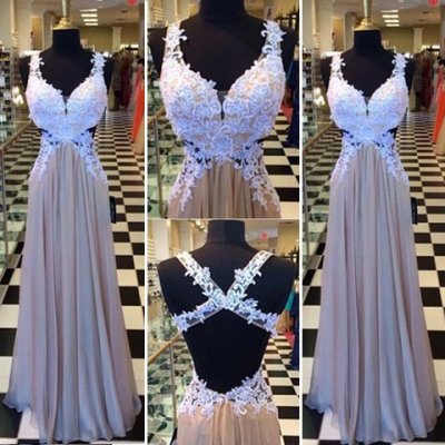 Sexy Long Prom Dress - Champagne A-Line Straps with Lace
