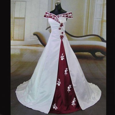 Elegant Wedding Dress -Burgundy and White A-Line Off-the-Shoulder with Embroidery