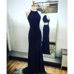 Elegant Prom Dress -Navy Blue Sheath Halter Sweep Train with Split-Side