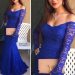 Elegant Long Prom Dresses - Royal Blue Lace Off the Shoulder with Long Sleeves