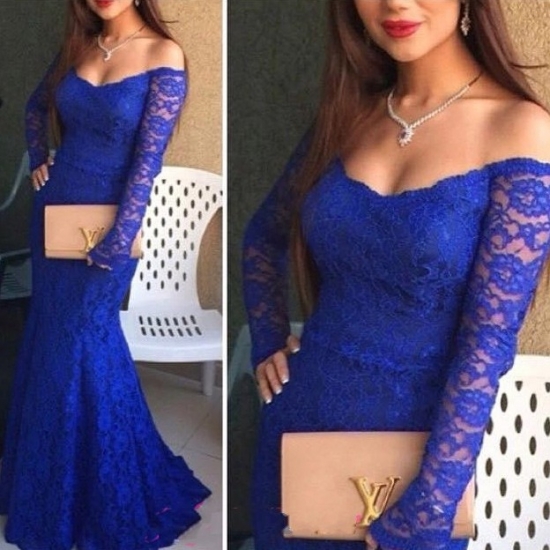 Elegant Long Prom Dresses - Royal Blue Lace Off the Shoulder with Long Sleeves - Click Image to Close