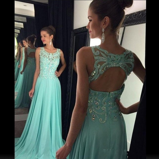 Chic Long Prom Dress - Square A-Line Backless with Embroidery - Click Image to Close