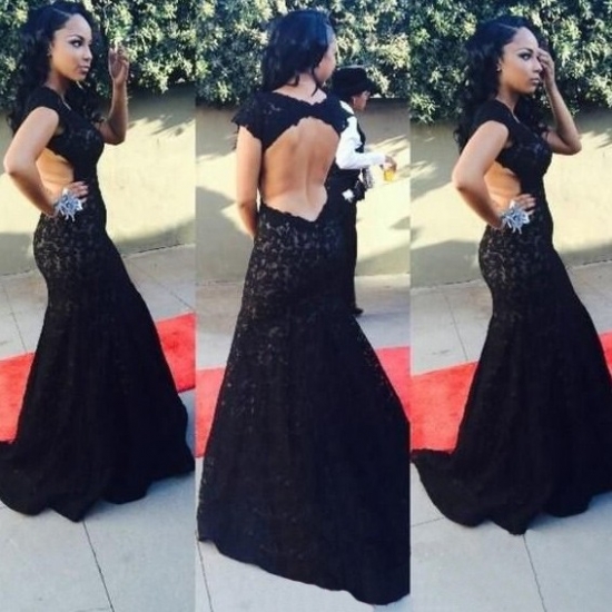Elegant Long Prom Party Dress - Black Lace Mermaid with Open Back - Click Image to Close