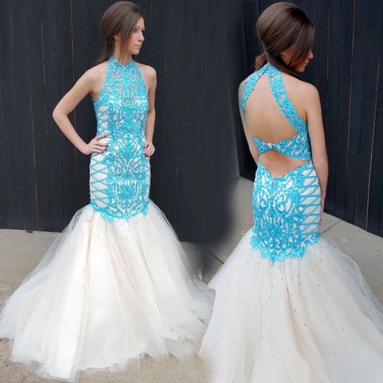 Elegant High Neck Tulle White With Blue Lace Mermaid Prom Evening Dress With Beading - Click Image to Close
