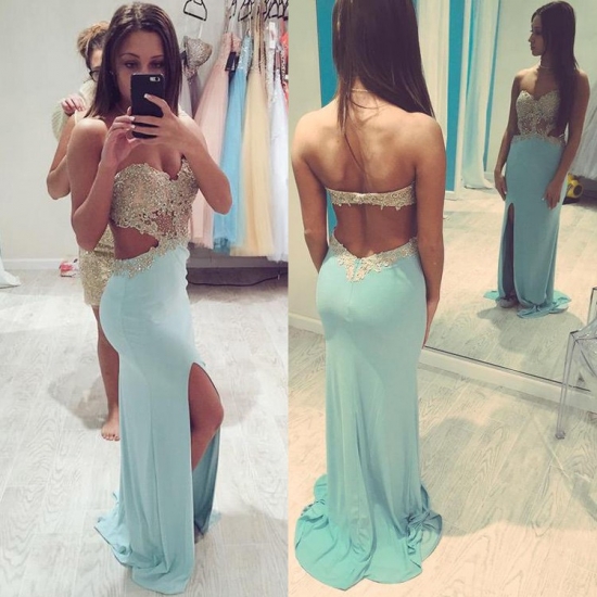 Modern Sweetheart Appliques With Beaded Light Blue Backless Prom Dress - Click Image to Close