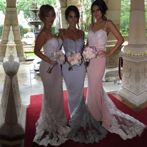 Elegant Spaghetti Lace Appliques Long Mermaid Bridesmaid Dress