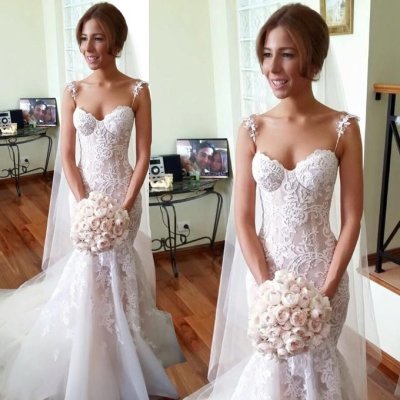 Chic Spaghetti Straps Lace Appliques Mermaid Wedding Dresses