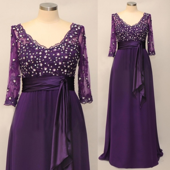 Awesome Long Beaded Purple V Neck Mother of the Bride Dresses with Half Sleeve - Click Image to Close