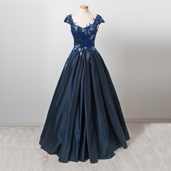 Elegant Scoop Floor-Length Dark Navy Homecoming Dresses/Prom Gown with Embroidery - Click Image to Close