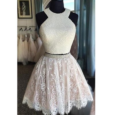 Two Piece Jewel Short White Lace Homecoming Dress with Pearls