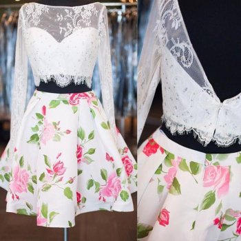 Stunning Two Piece Long Sleeves White Homecoming Dresses with Lace Beading Print Flower