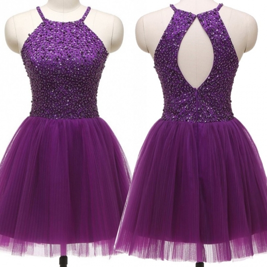 Sexy Halter Short Open Back Purple Homecoming Dresses Beaded - Click Image to Close