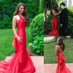 Fabulous V-neck Court Train Red Mermaid Prom/Evening Dresses with Ruffles