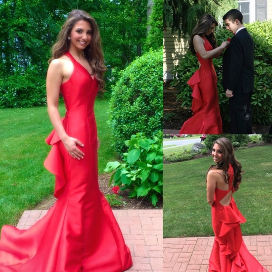 Fabulous V-neck Court Train Red Mermaid Prom/Evening Dresses with Ruffles - Click Image to Close