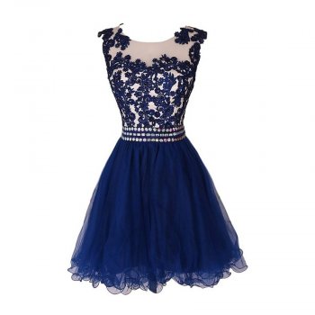 Dramatic Bateau Sleeveless Short Dark Blue Homecoming Dress with Appliques Rhinestones