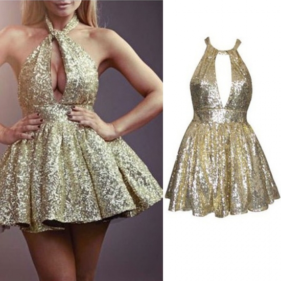 Hot Selling Halter Sleeveless Short Gold Sequins Homecoming Dress with Key Hole - Click Image to Close