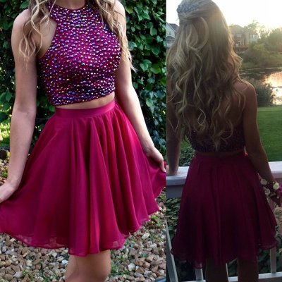 Stunning Two Piece Jewel Sleeveless Short Homecoming Dress with Beading