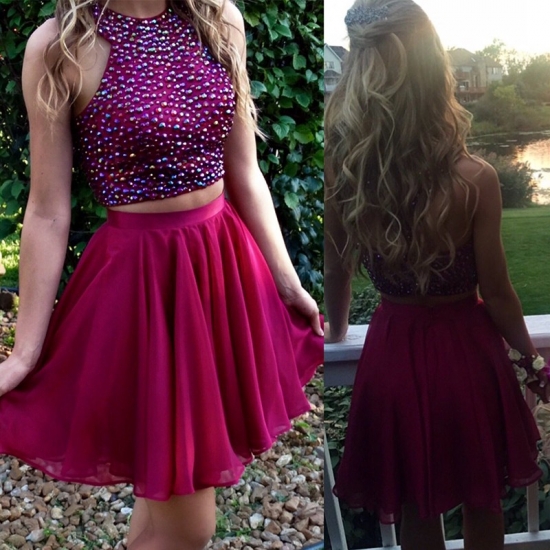 Stunning Two Piece Jewel Sleeveless Short Homecoming Dress with Beading - Click Image to Close