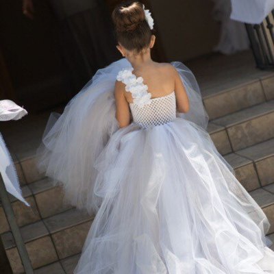 White Tulle Flower Girl Dress with Flower One Shoulder Sweep Train