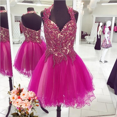 Halter V-neck Fuchsia Homecoming Dress with Appliques Beading Sleeveless Knee-Length